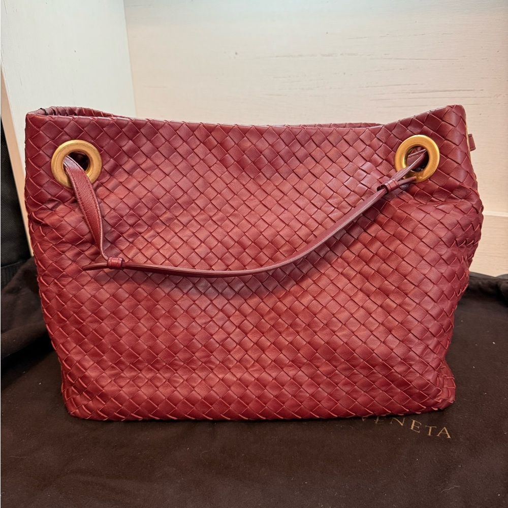 Sold—Bottega Veneta Red Woven Bella Leather Tote Bag